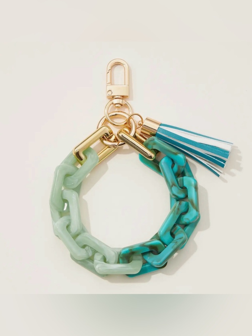 Two-Tone Green Teal Resin Chain Key & Card Holder with Tassel